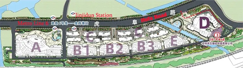 The operator's own site plan of Huqiu Wedding City — a long complex strung along a canal off 虎阜路, with zones A, B1–B3, C, E and D, and Metro Line 6's Jinjidun Station at the entrance.